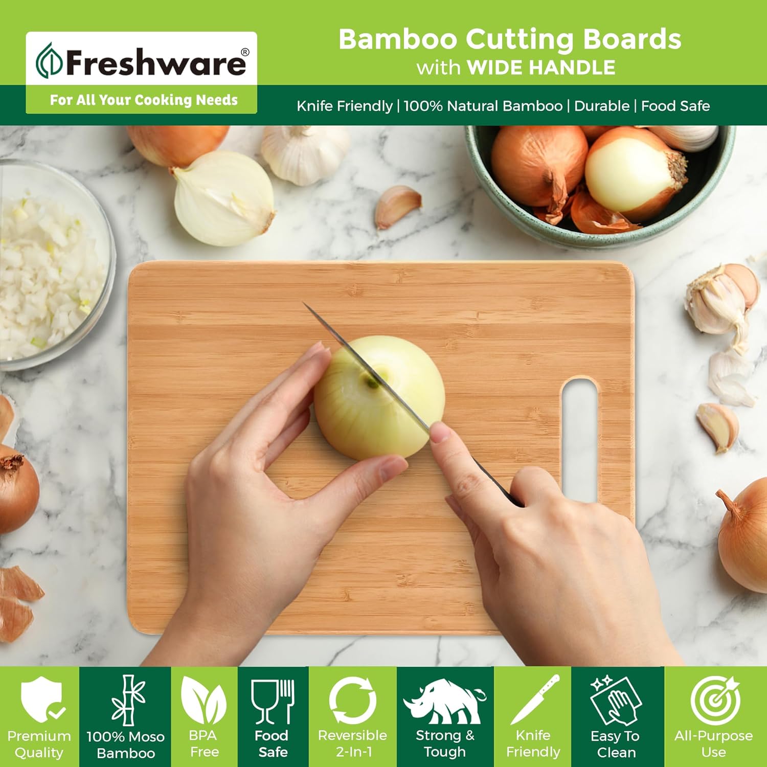 Bamboo Cutting Boards for Kitchen [Set of 3] Wood Cutting Board for Chopping Meat, Vegetables, Fruits, Cheese, Knife Friendly Serving Tray with Handles - Image 4