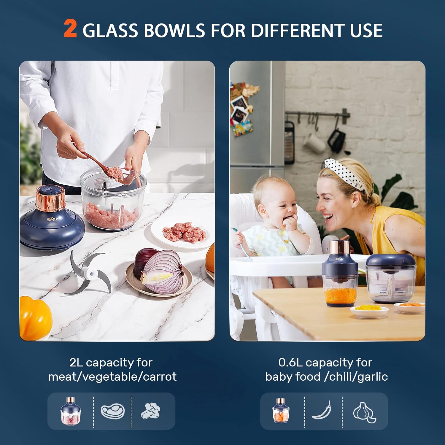 Electric Food Chopper with 2 Glass Bowls - Image 3