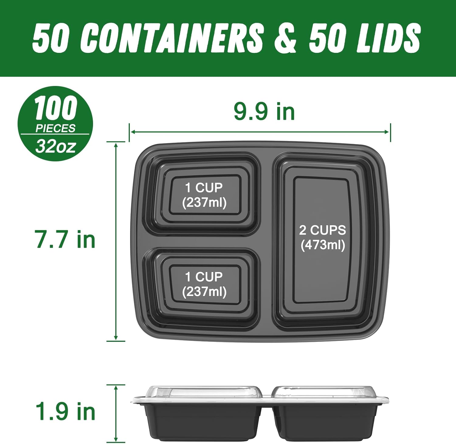 32 oz 3-Compartment Meal Prep Containers with Lids - Image 3
