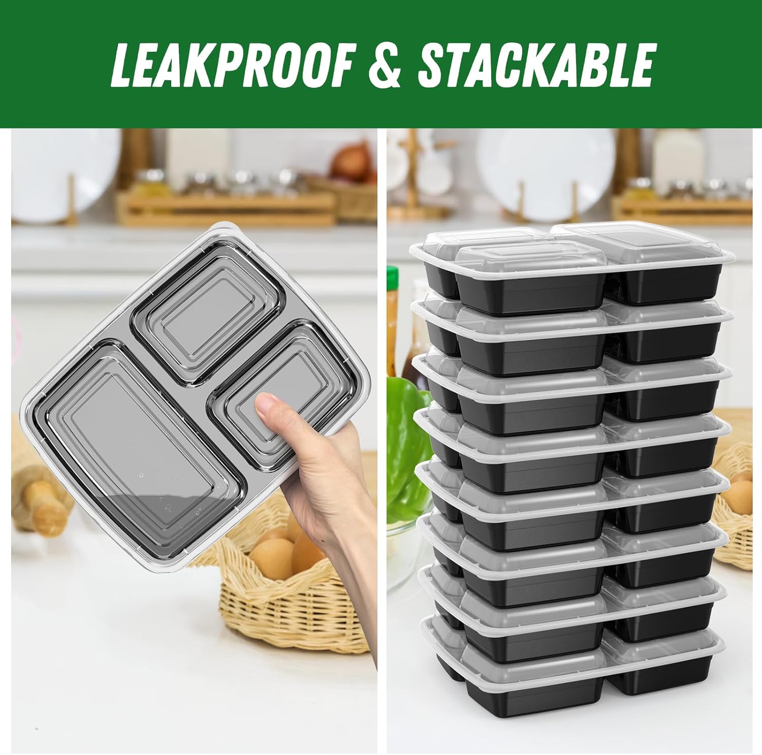 32 oz 3-Compartment Meal Prep Containers with Lids - Image 5