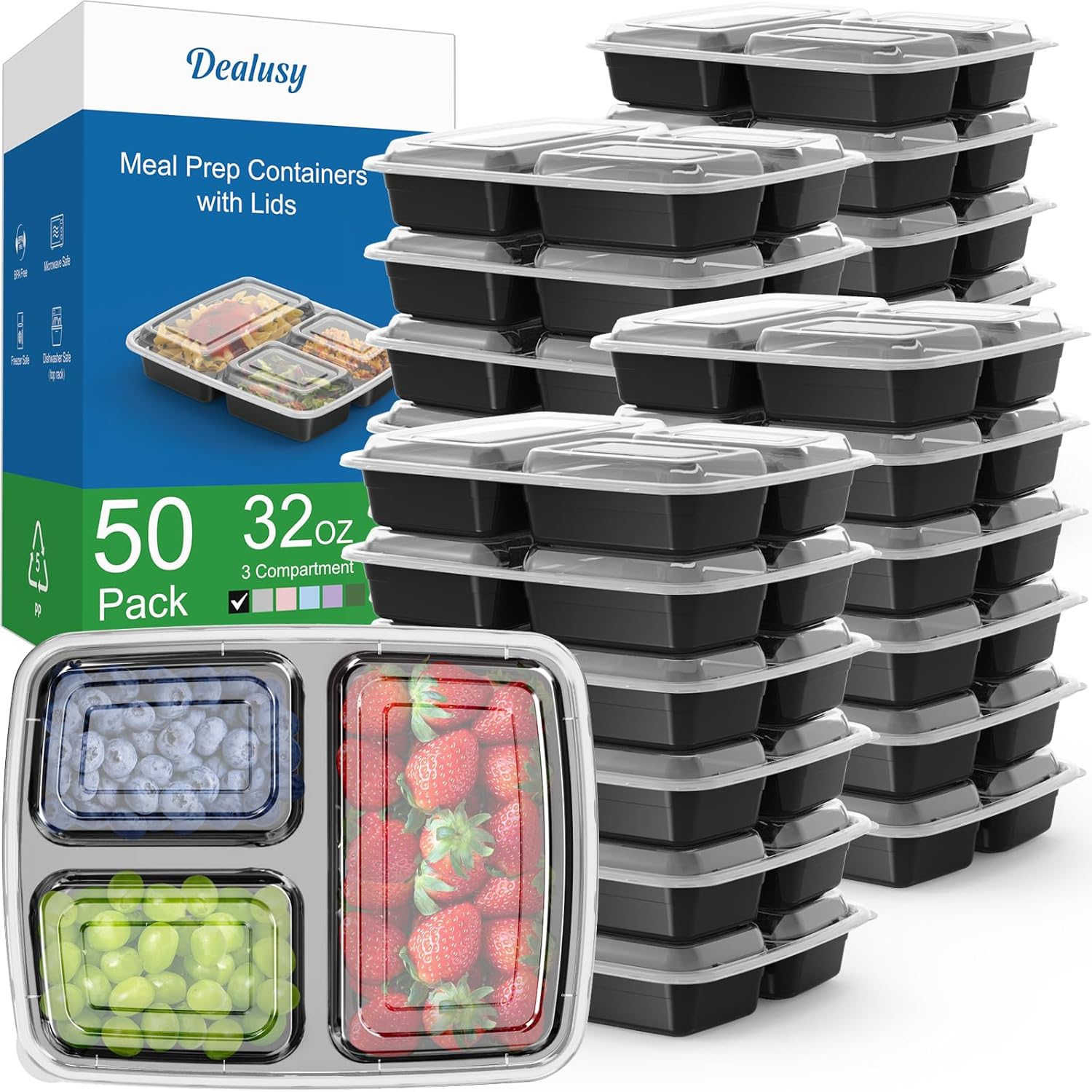 32 oz 3-Compartment Meal Prep Containers with Lids - Image 2