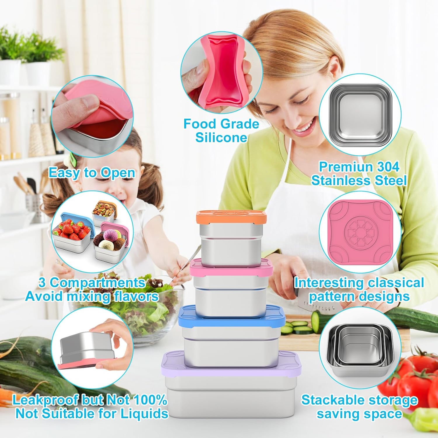 DaCool Kids Stainless Steel Snack Containers with Lids and Spork - Image 4