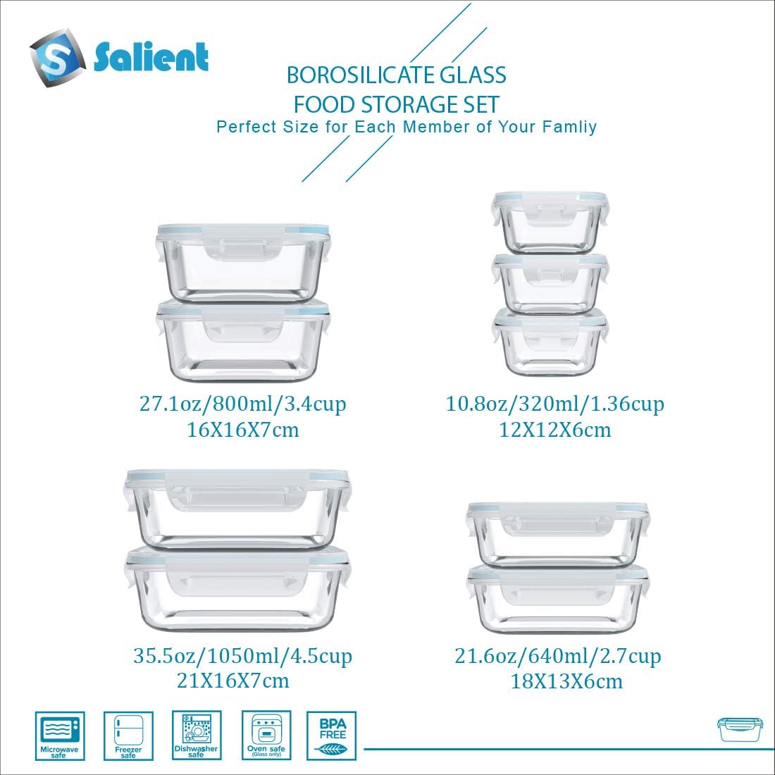 18 Piece Glass Food Storage Containers Set with Lids - Image 3