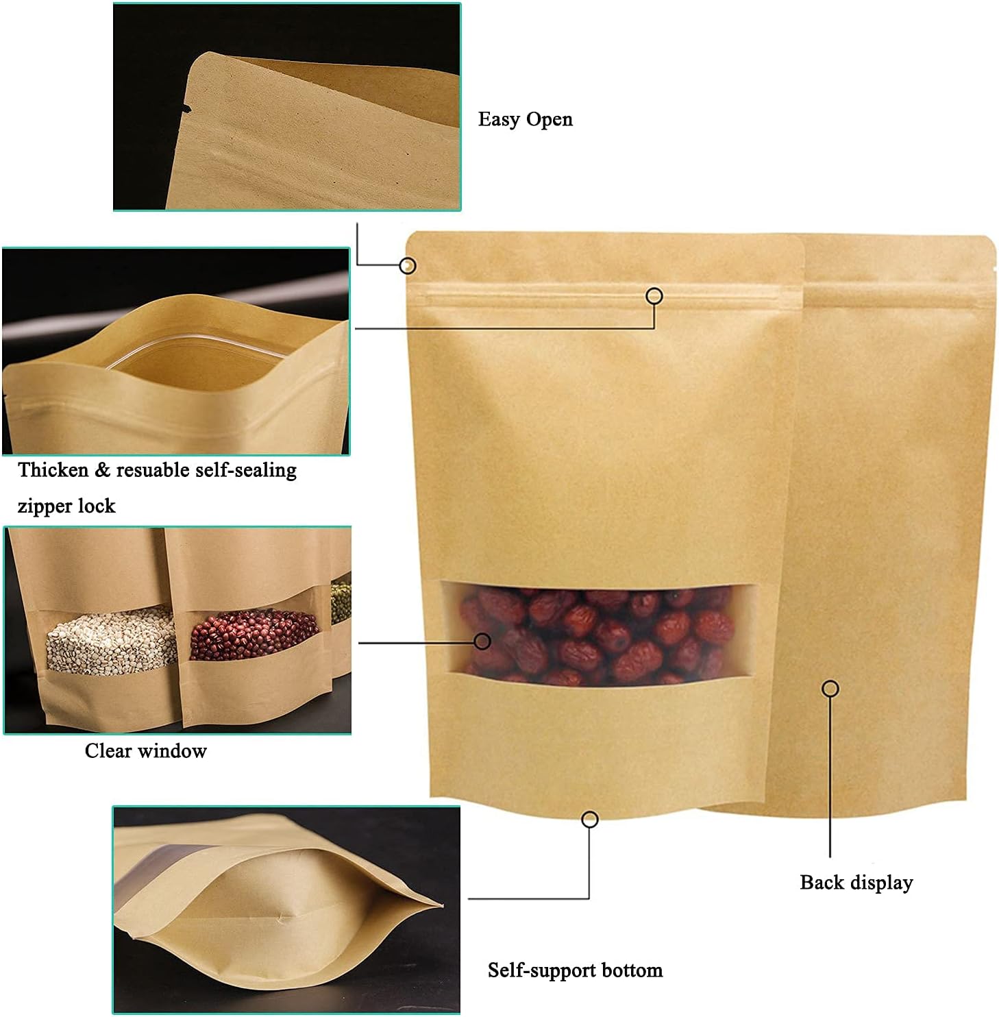 Kraft Paper Treat Bags with Window Ziplock Stand Up Pouches - Image 7