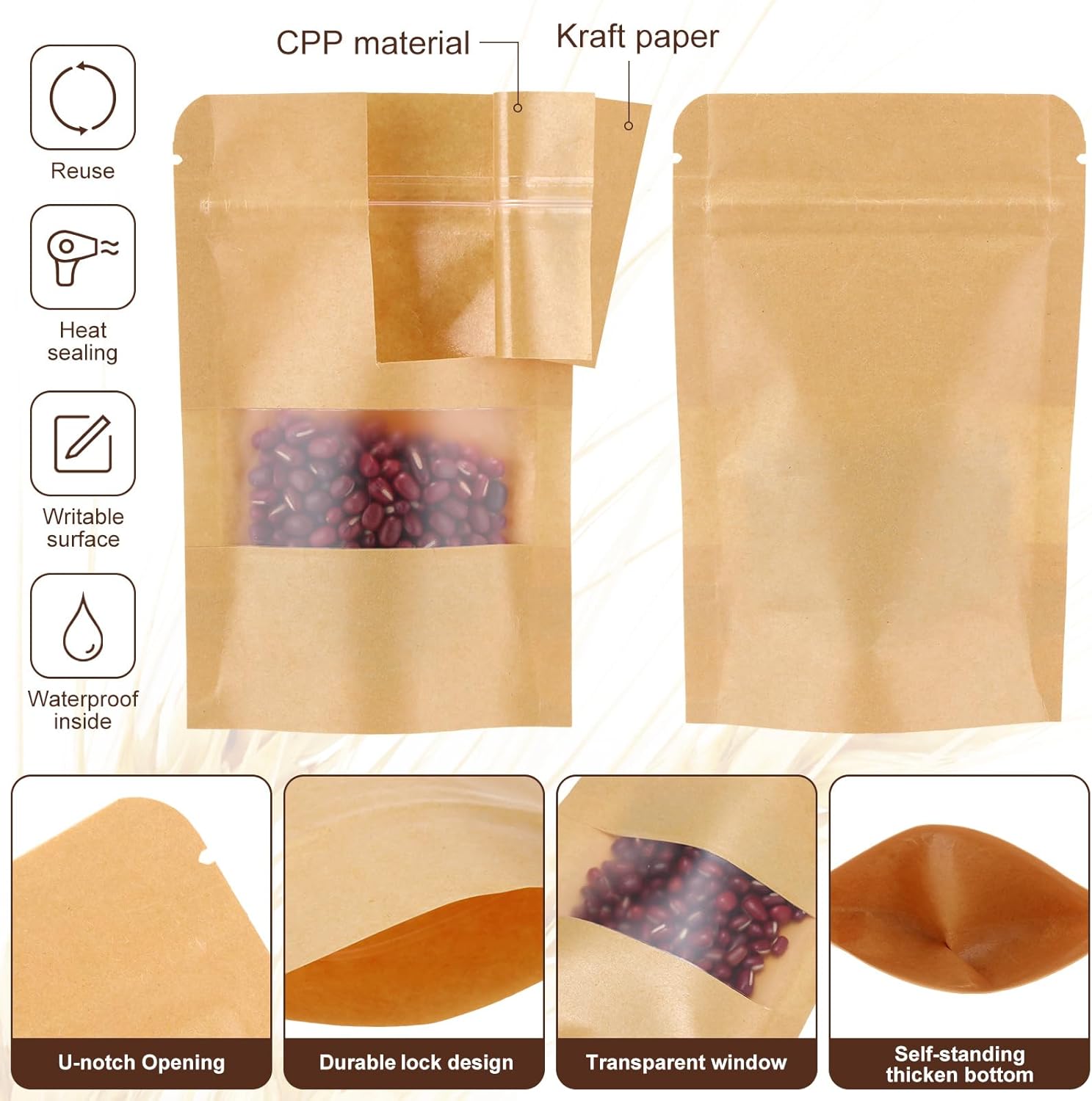 Kraft Stand Up Paper Pouches with Zipper Lock - Image 3
