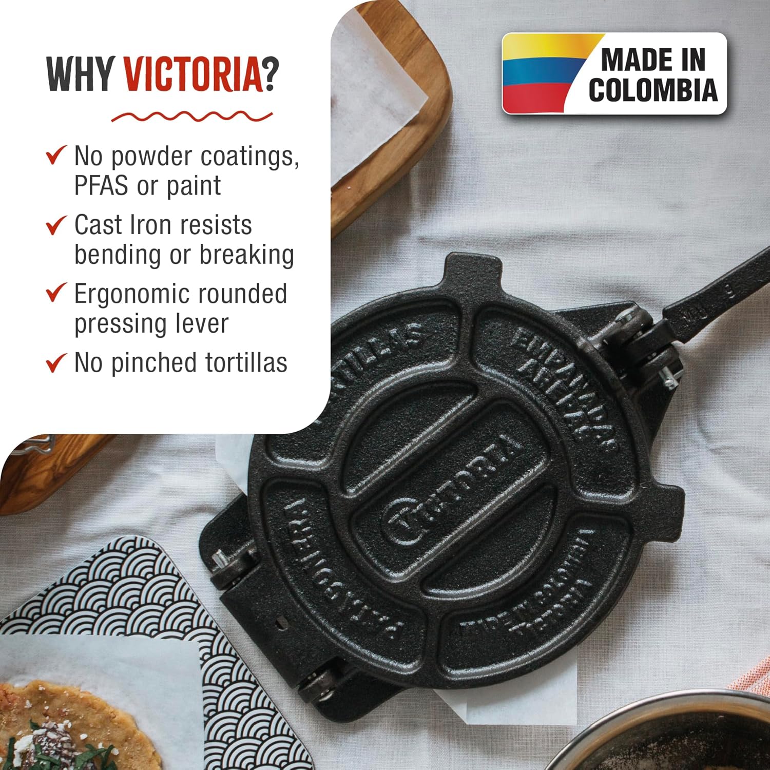 Victoria 8 Inches Cast Iron Tortilla Press - Image 3
