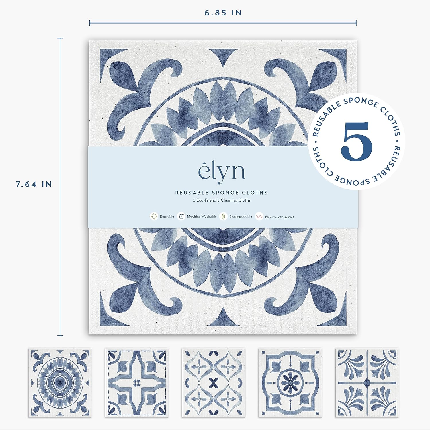 ELYN Swedish Dishcloths, Reusable & Washable Sponge Cloths, Absorbent Cleaning Paper Towels for Kitchen, Dishes, Counters and More, 5 Pack, Assorted Moroccan Pattern - Image 3