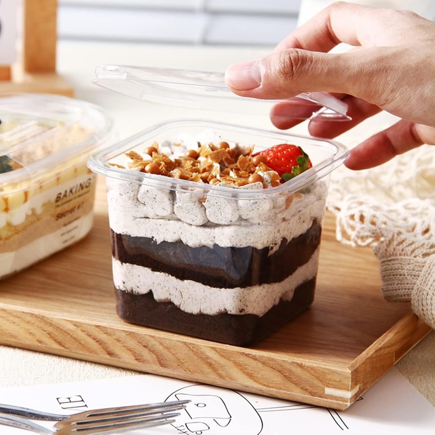 Clear Plastic Dessert Cups with Lids and Sporks - Image 6