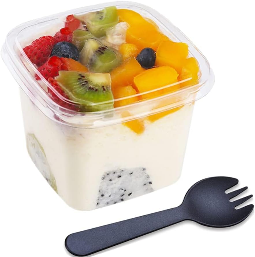 Clear Plastic Dessert Cups with Lids and Sporks - Image 2