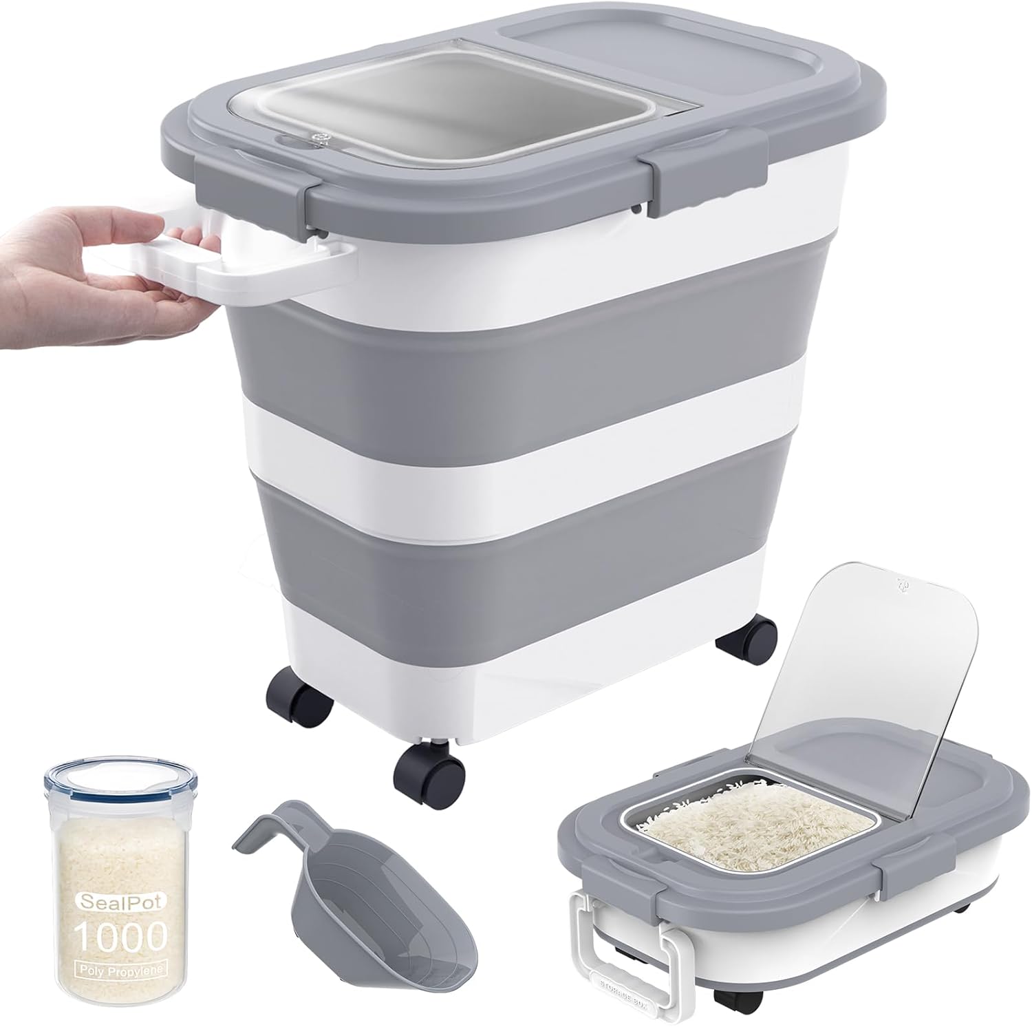 Collapsible Airtight Rice Storage Container with Wheels and Handle - Image 2