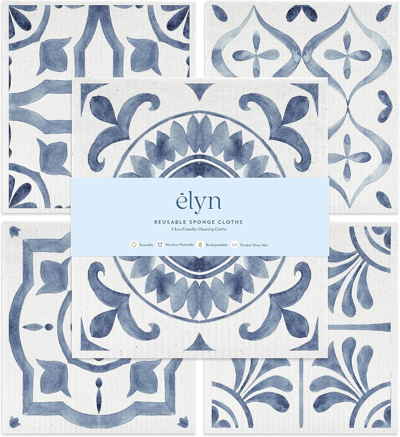 ELYN Swedish Dishcloths, Reusable & Washable Sponge Cloths, Absorbent Cleaning Paper Towels for Kitchen, Dishes, Counters and More, 5 Pack, Assorted Moroccan Pattern - Image 2