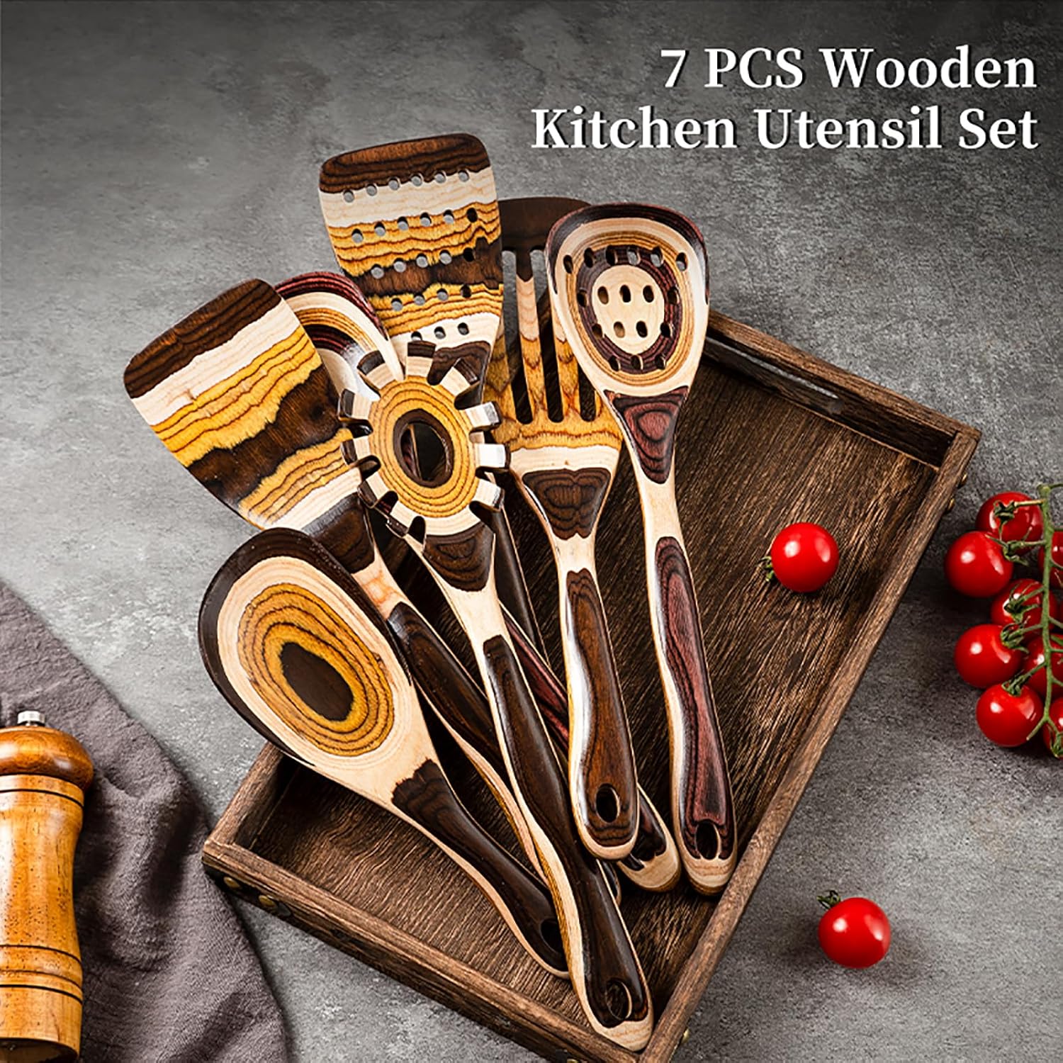 Gudamaye 7-Piece Brown Pakkawood Utensils Set - Image 4