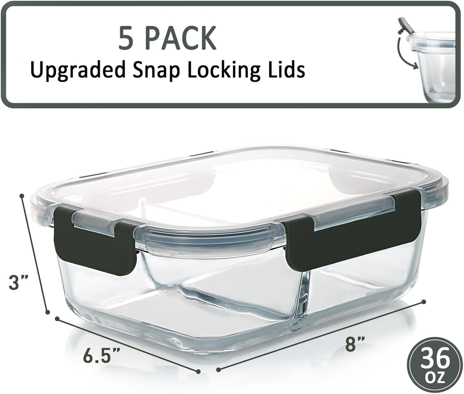 Glass Meal Prep Containers with 2 Compartments and Snap Locking Lids - Image 3