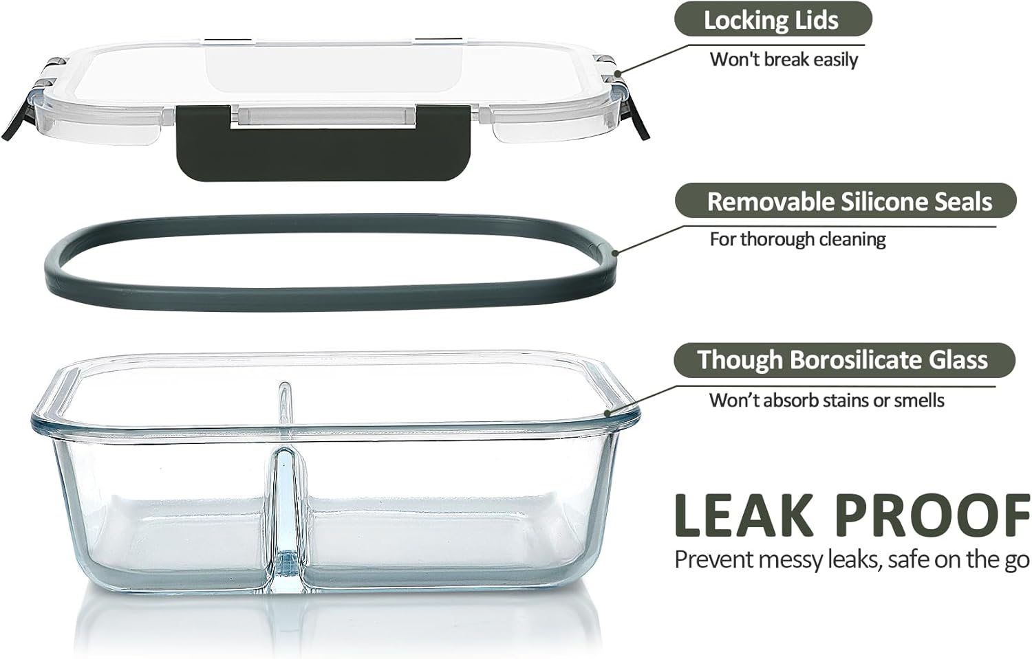 Glass Meal Prep Containers with 2 Compartments and Snap Locking Lids - Image 4