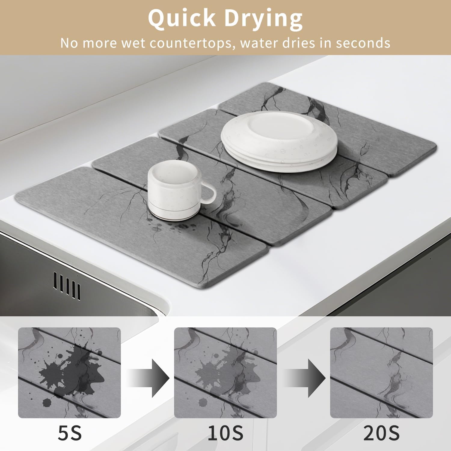 Large Diatomaceous Earth Dish Drying Mat for Kitchen Counter, Gray - Image 3