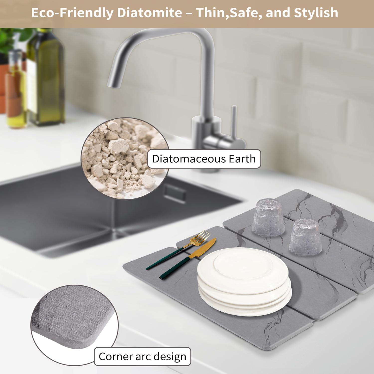Large Diatomaceous Earth Dish Drying Mat for Kitchen Counter, Gray - Image 4