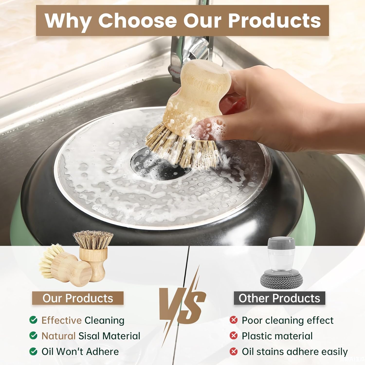 Bamboo Dish Brush with Natural Wooden Handle and Sisal Bristles - Image 4