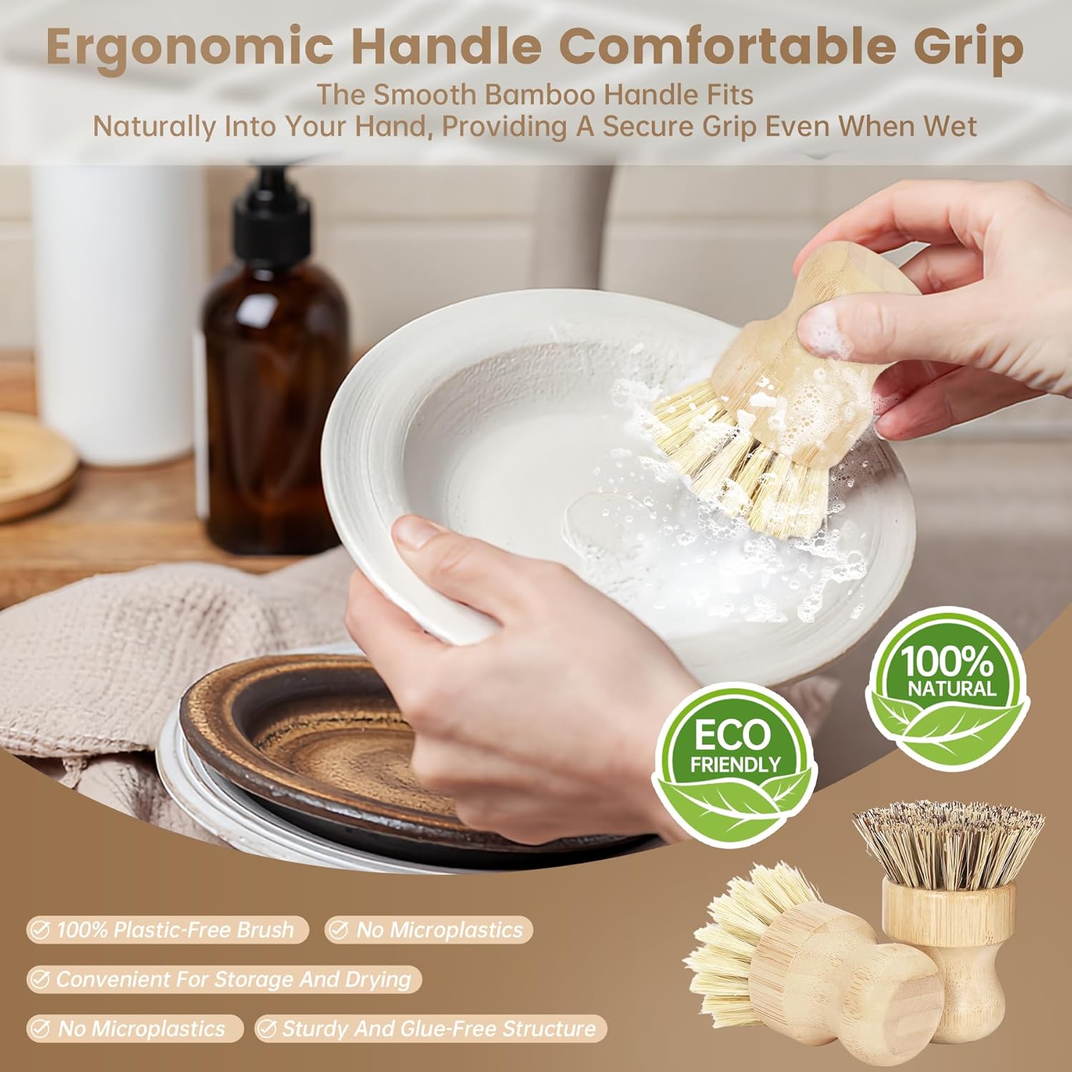 Bamboo Dish Brush with Natural Wooden Handle and Sisal Bristles - Image 5