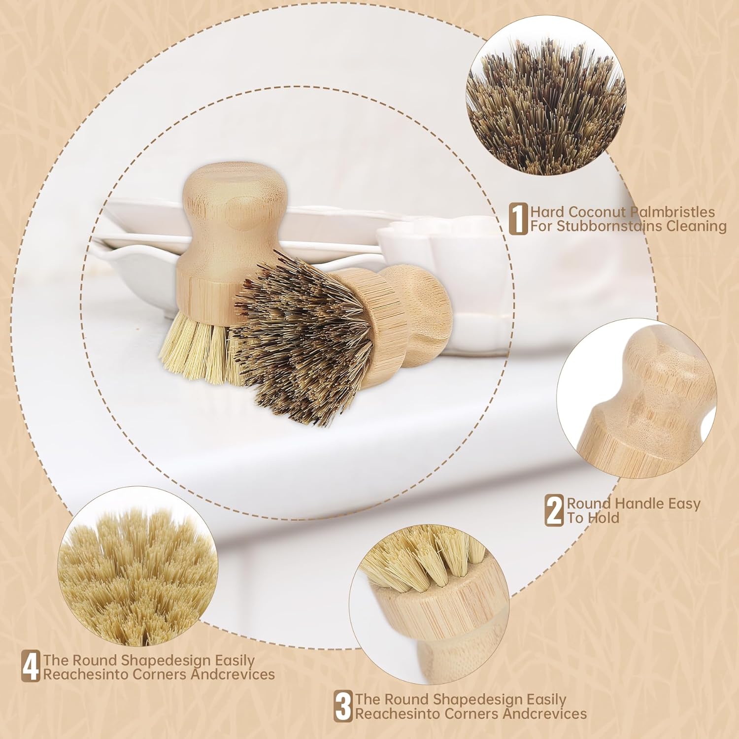 Bamboo Dish Brush with Natural Wooden Handle and Sisal Bristles - Image 7