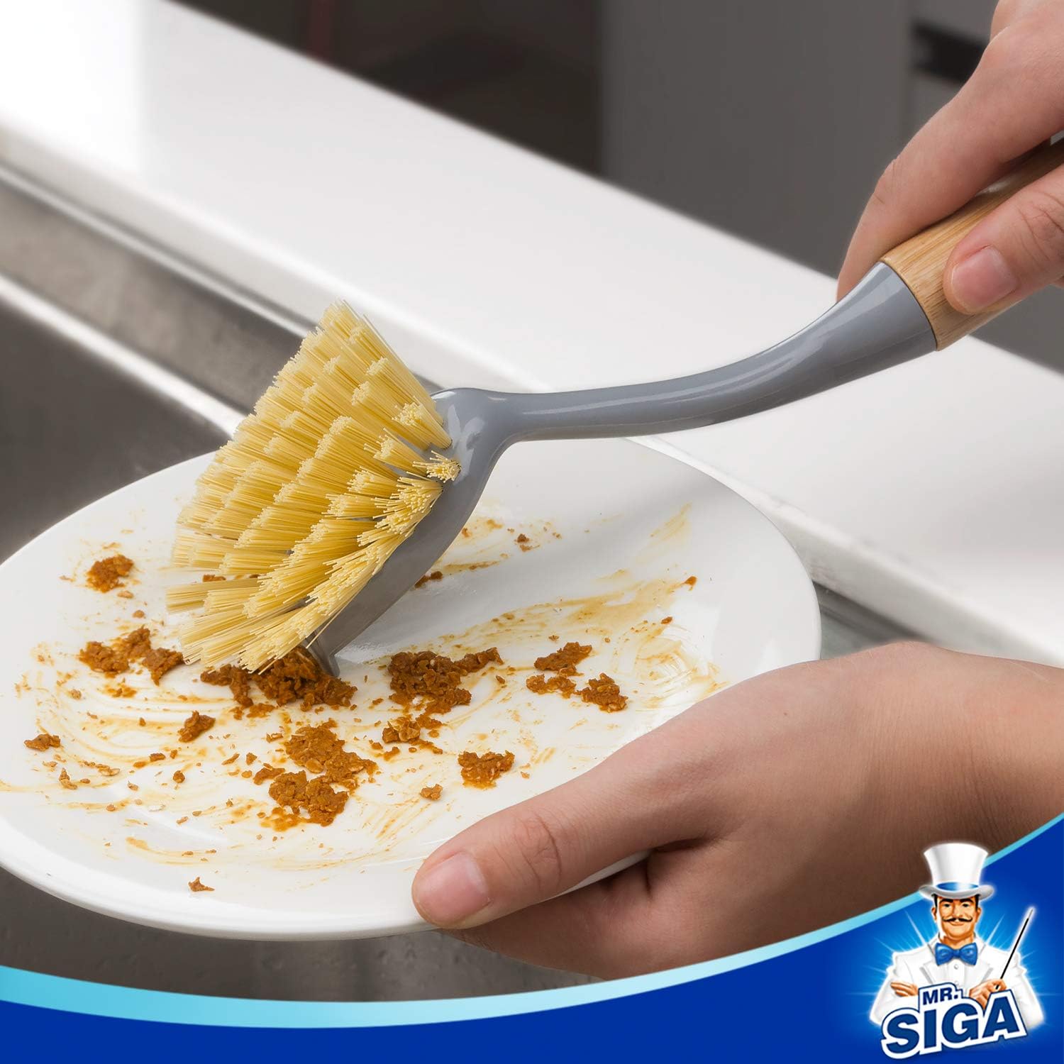 Dish Brush with Long Bamboo Handle and Built-in Scraper for Kitchen Cleaning - Image 3