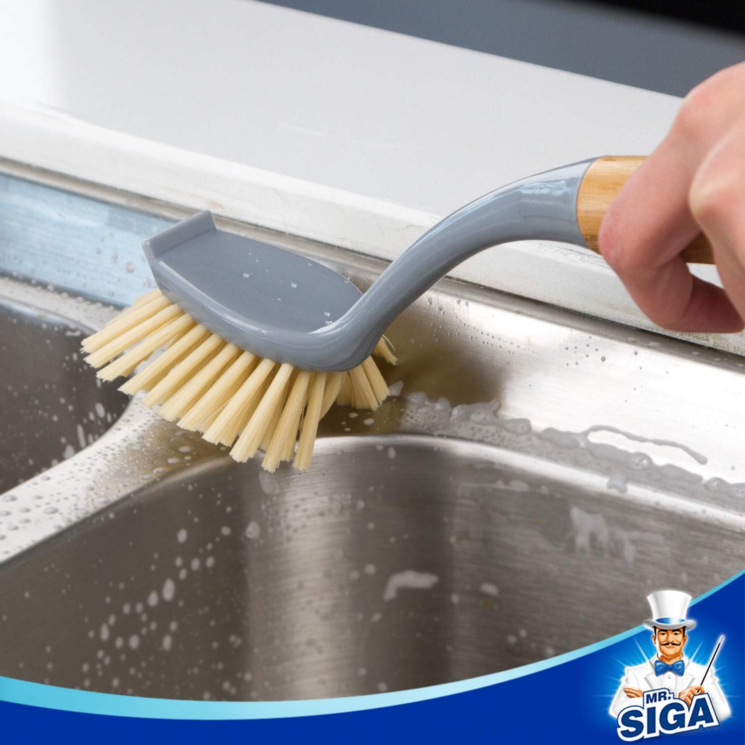 Dish Brush with Long Bamboo Handle and Built-in Scraper for Kitchen Cleaning - Image 6