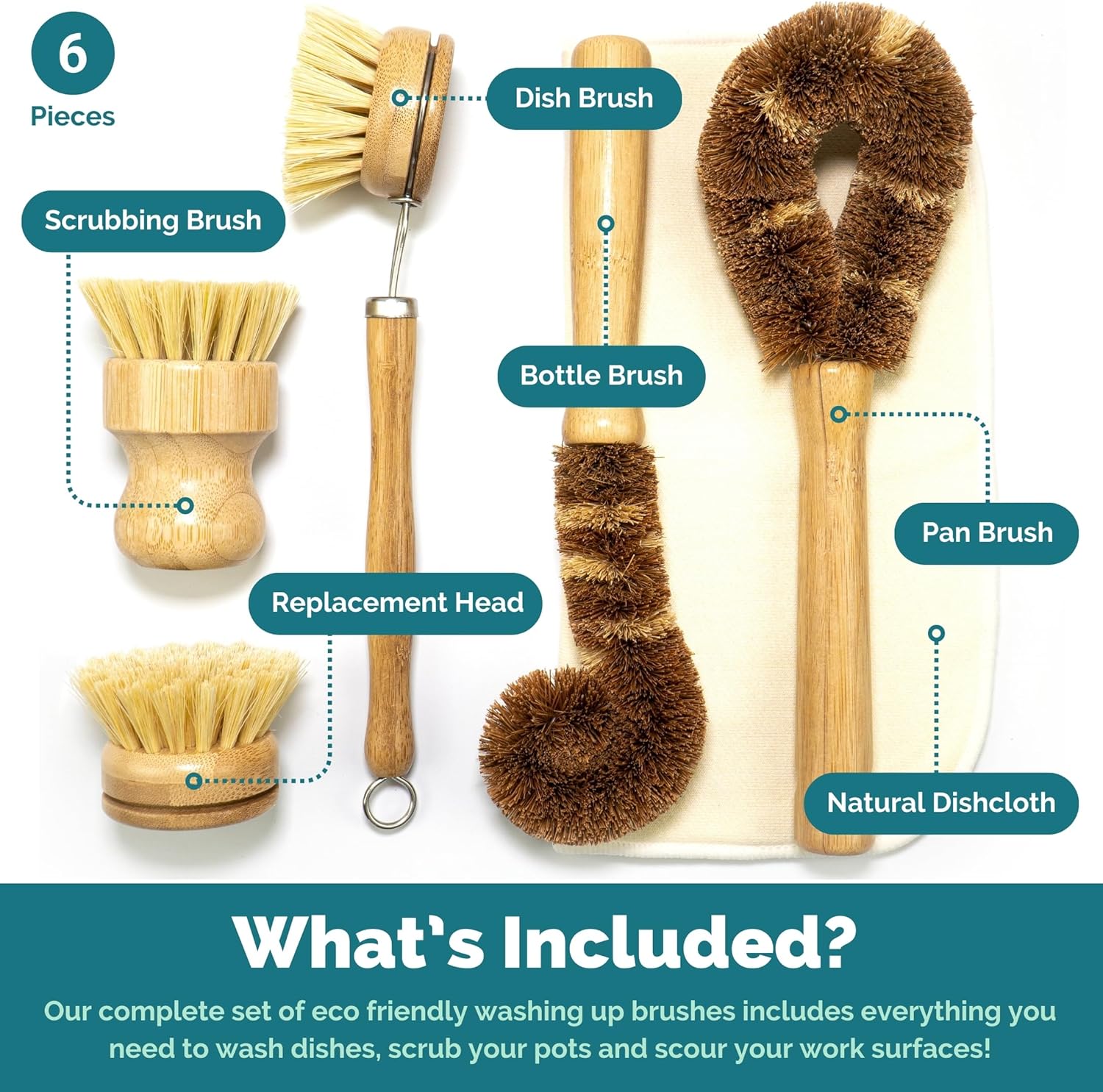 Jungle Culture 6 Piece Natural Dish Brushes Set - Image 3