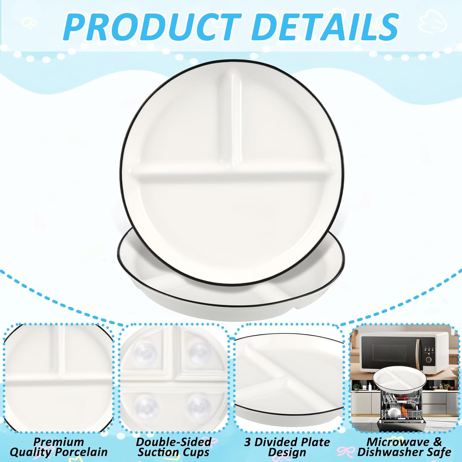 4 Pack Porcelain Plates with Anti-slip Suction Cup - Image 4