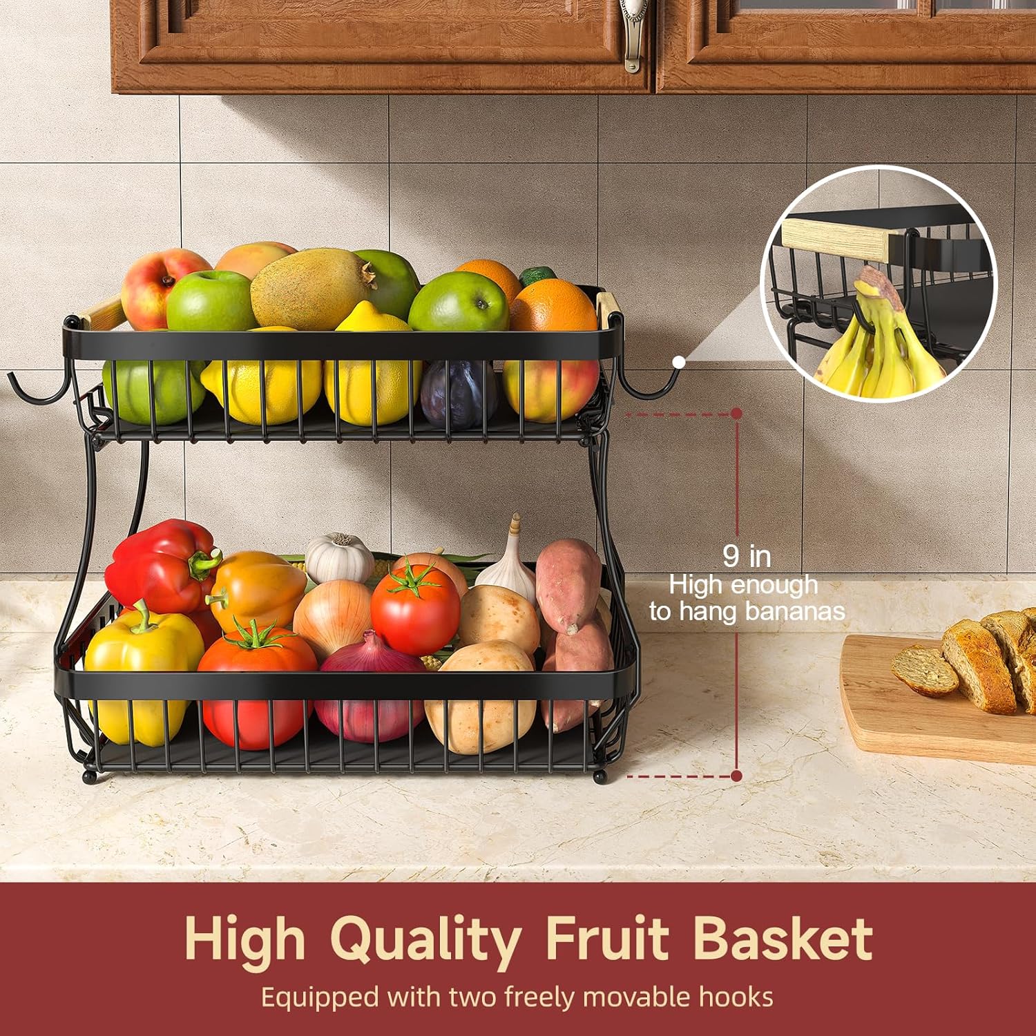 2 Tier Fruit Basket for Kitchen Counter with Detachable Metal Fruit Bowl and Banana Hangers - Image 3