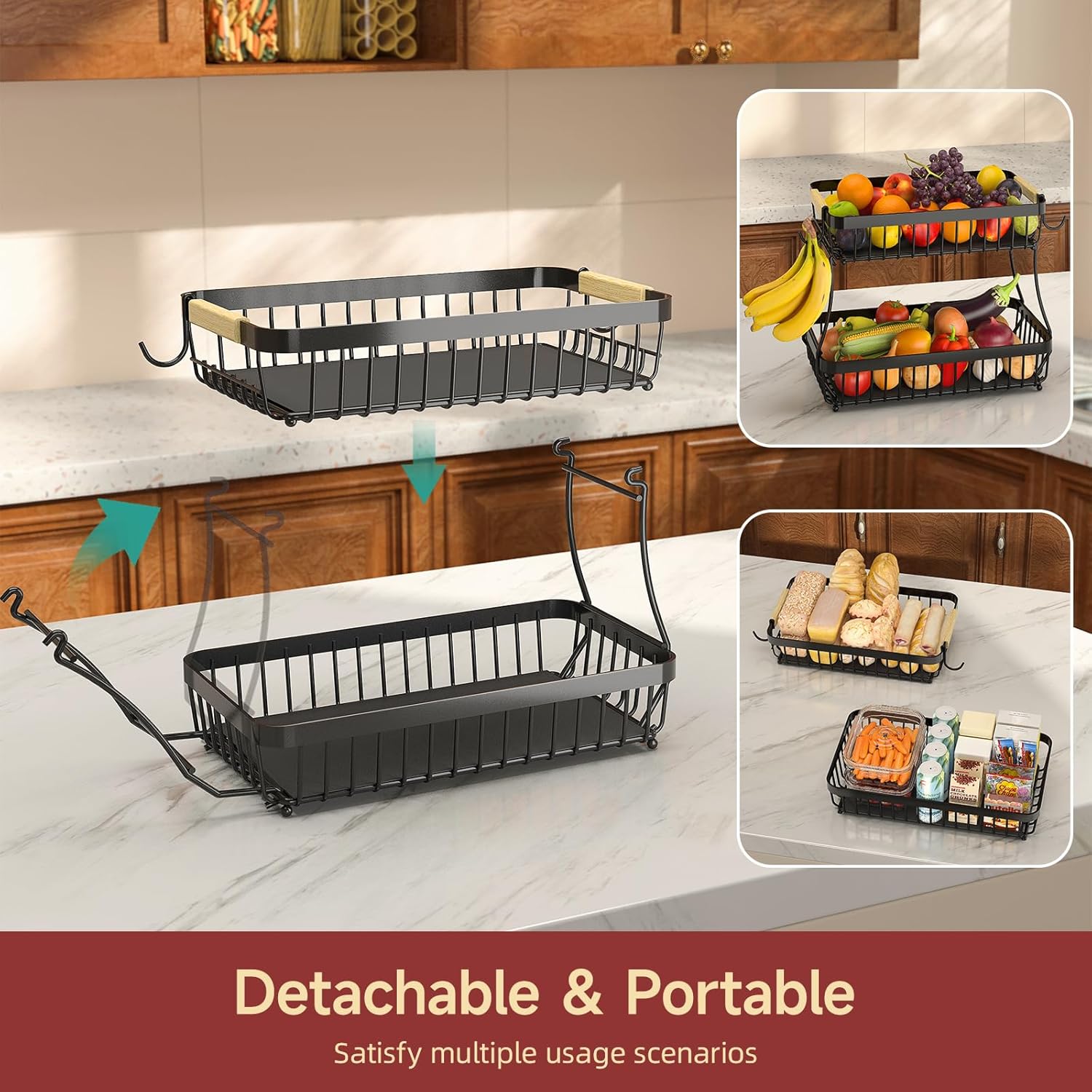 2 Tier Fruit Basket for Kitchen Counter with Detachable Metal Fruit Bowl and Banana Hangers - Image 4
