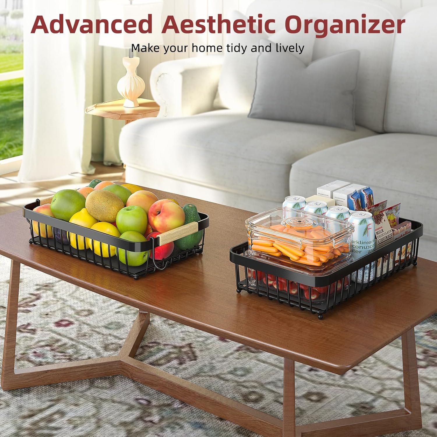 2 Tier Fruit Basket for Kitchen Counter with Detachable Metal Fruit Bowl and Banana Hangers - Image 5