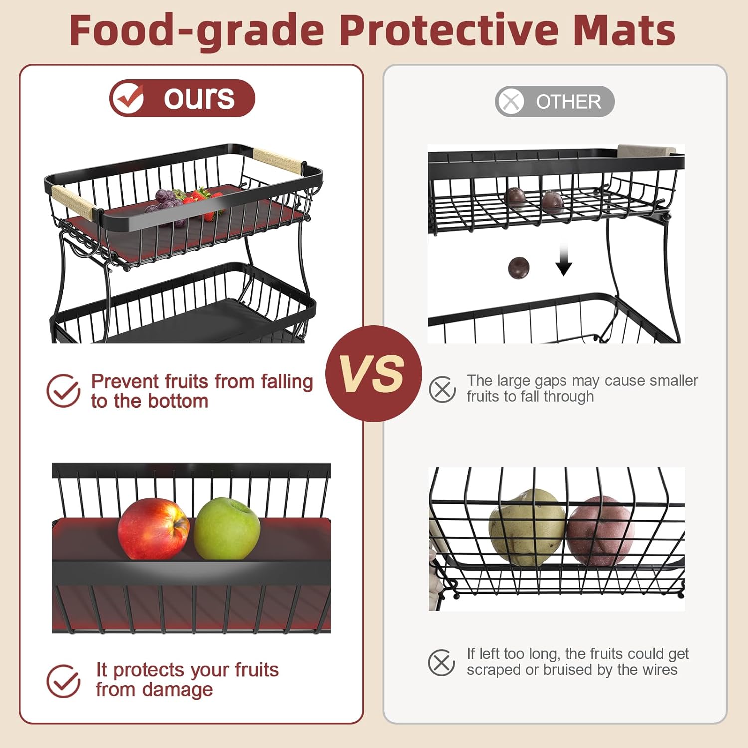 2 Tier Fruit Basket for Kitchen Counter with Detachable Metal Fruit Bowl and Banana Hangers - Image 6
