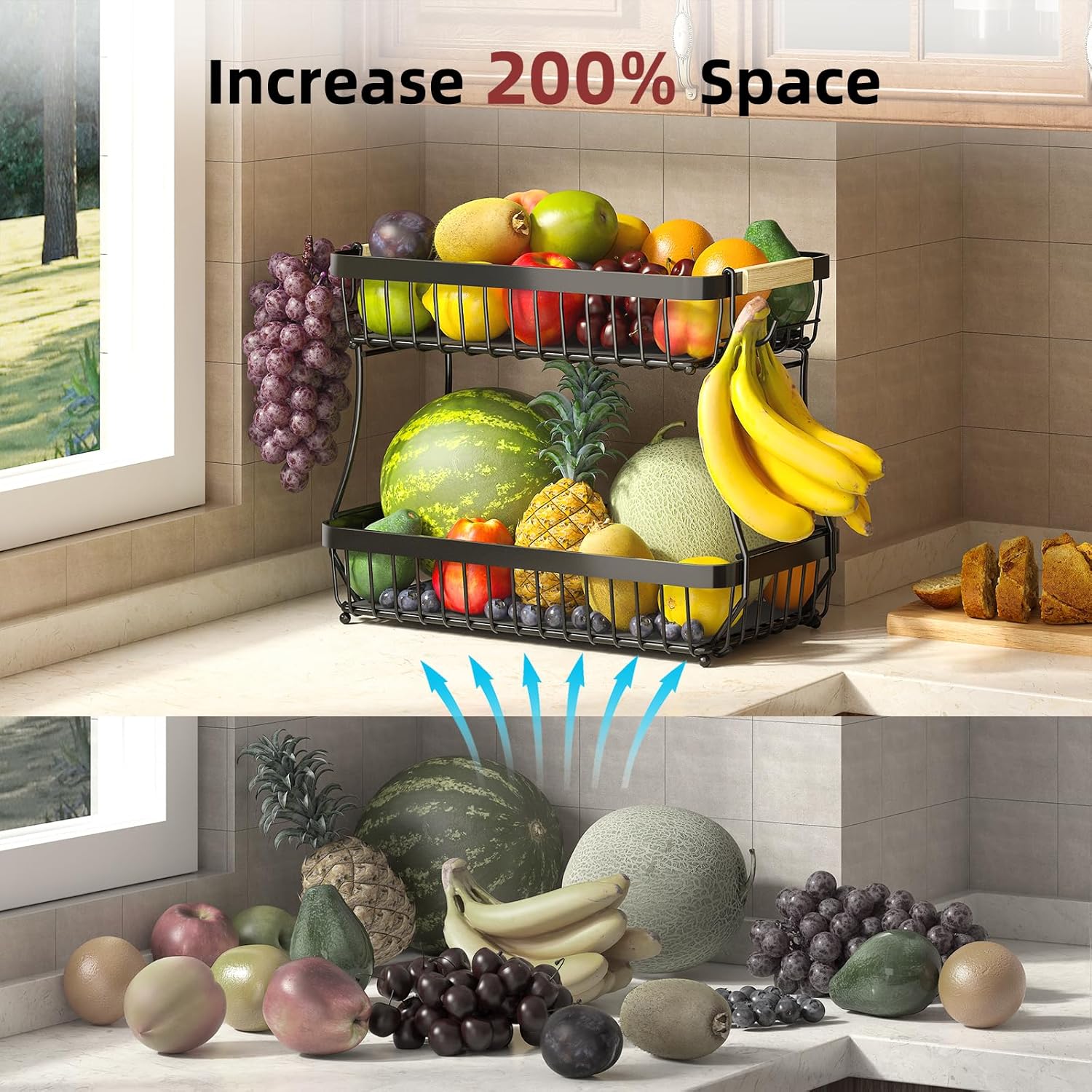 2 Tier Fruit Basket for Kitchen Counter with Detachable Metal Fruit Bowl and Banana Hangers - Image 7