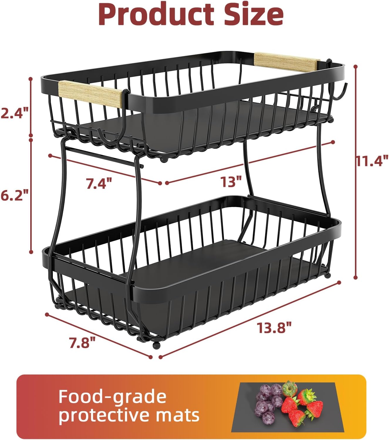 2 Tier Fruit Basket for Kitchen Counter with Detachable Metal Fruit Bowl and Banana Hangers - Image 8