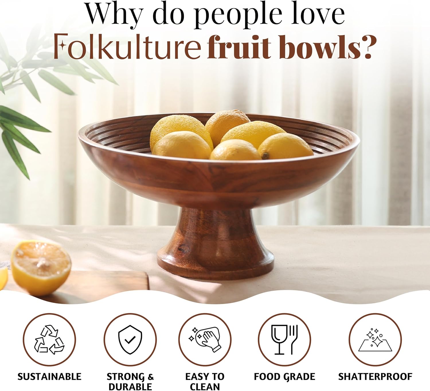 Folkulture Wooden Fruit Bowl for Kitchen Counter - Image 3