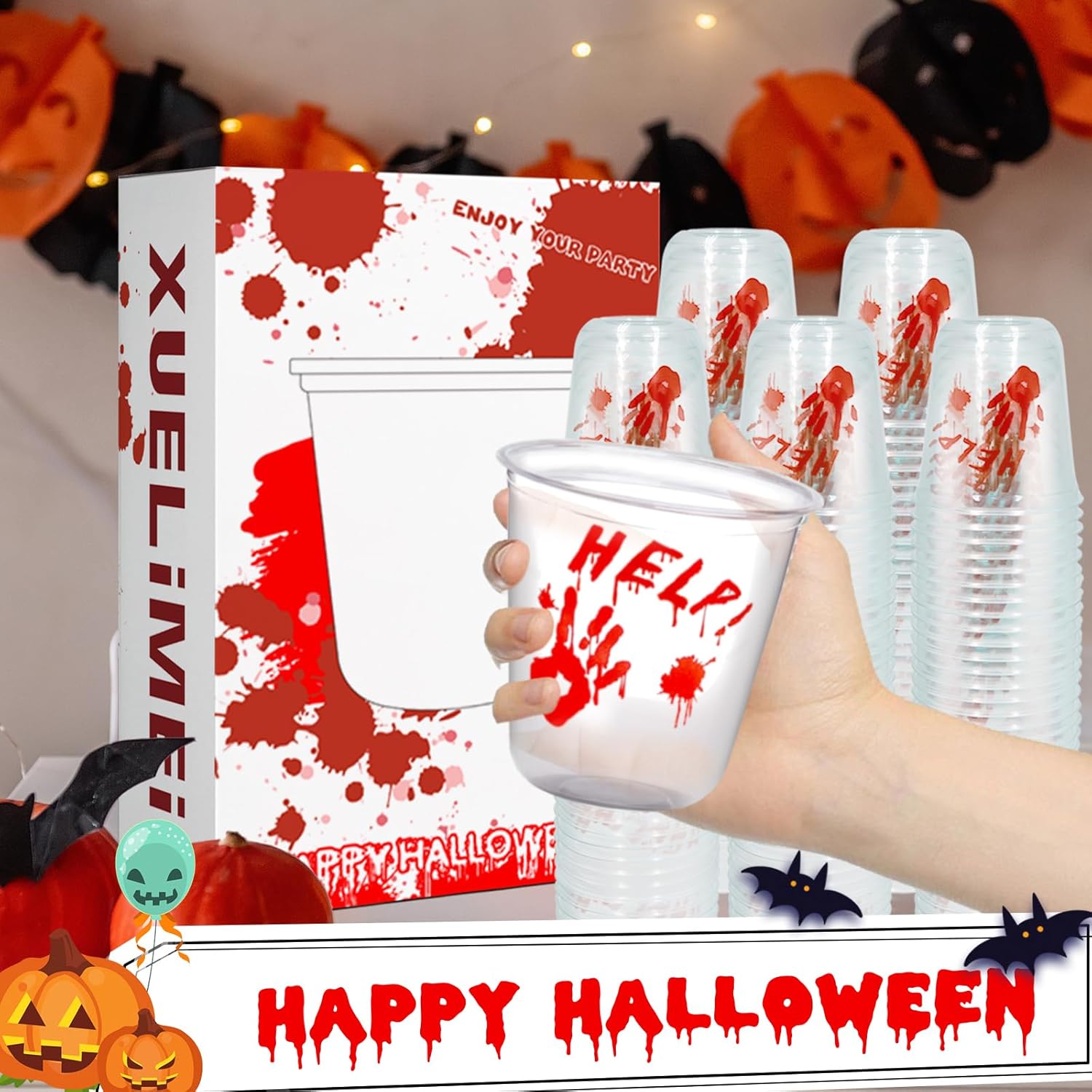 12oz Blood Print Halloween Disposable Plastic Cups - Image 3