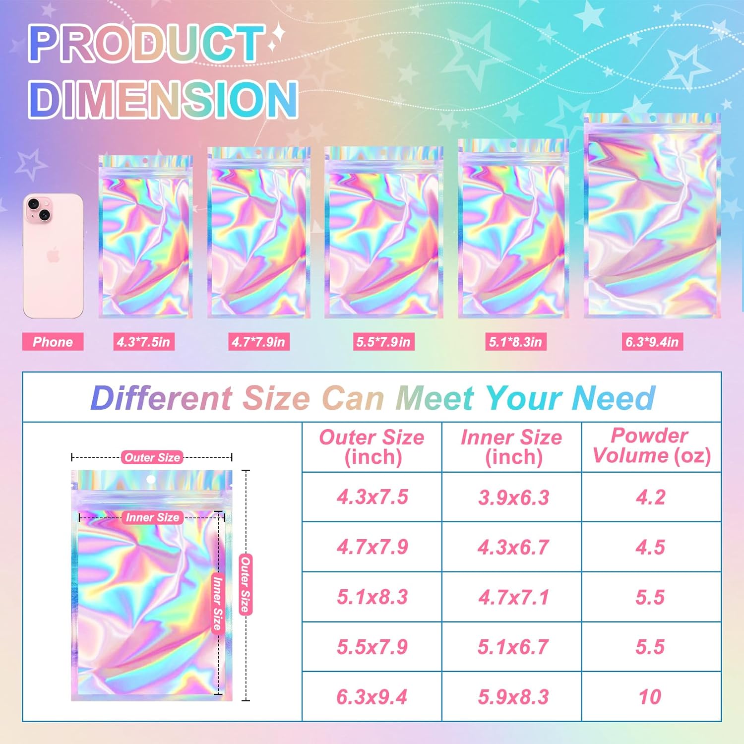 Mylar Reasealable Holographic Bags with Clear Window - Image 3