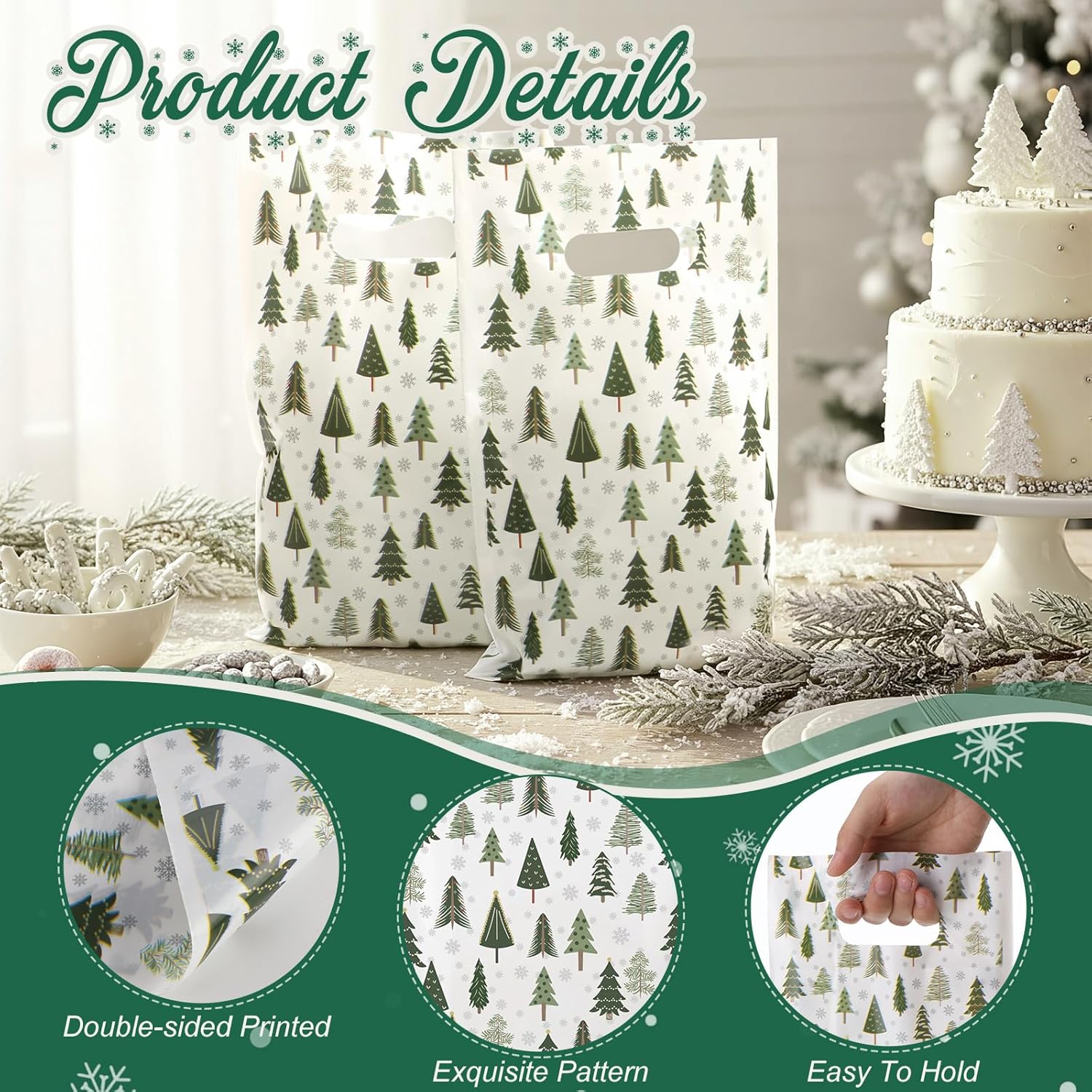 Christmas Tree Gift Bags with Handle Green Plastic Xmas Tote Bag Bulk for Party Packaging Goody Snack Holiday Wrapping Winter Wedding Birthday Decoration Favors Supplies - Image 3