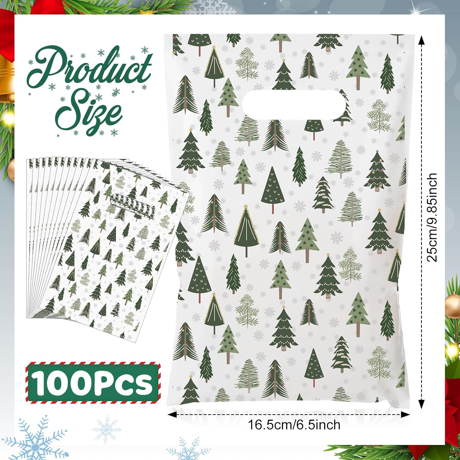 Christmas Tree Gift Bags with Handle Green Plastic Xmas Tote Bag Bulk for Party Packaging Goody Snack Holiday Wrapping Winter Wedding Birthday Decoration Favors Supplies - Image 4