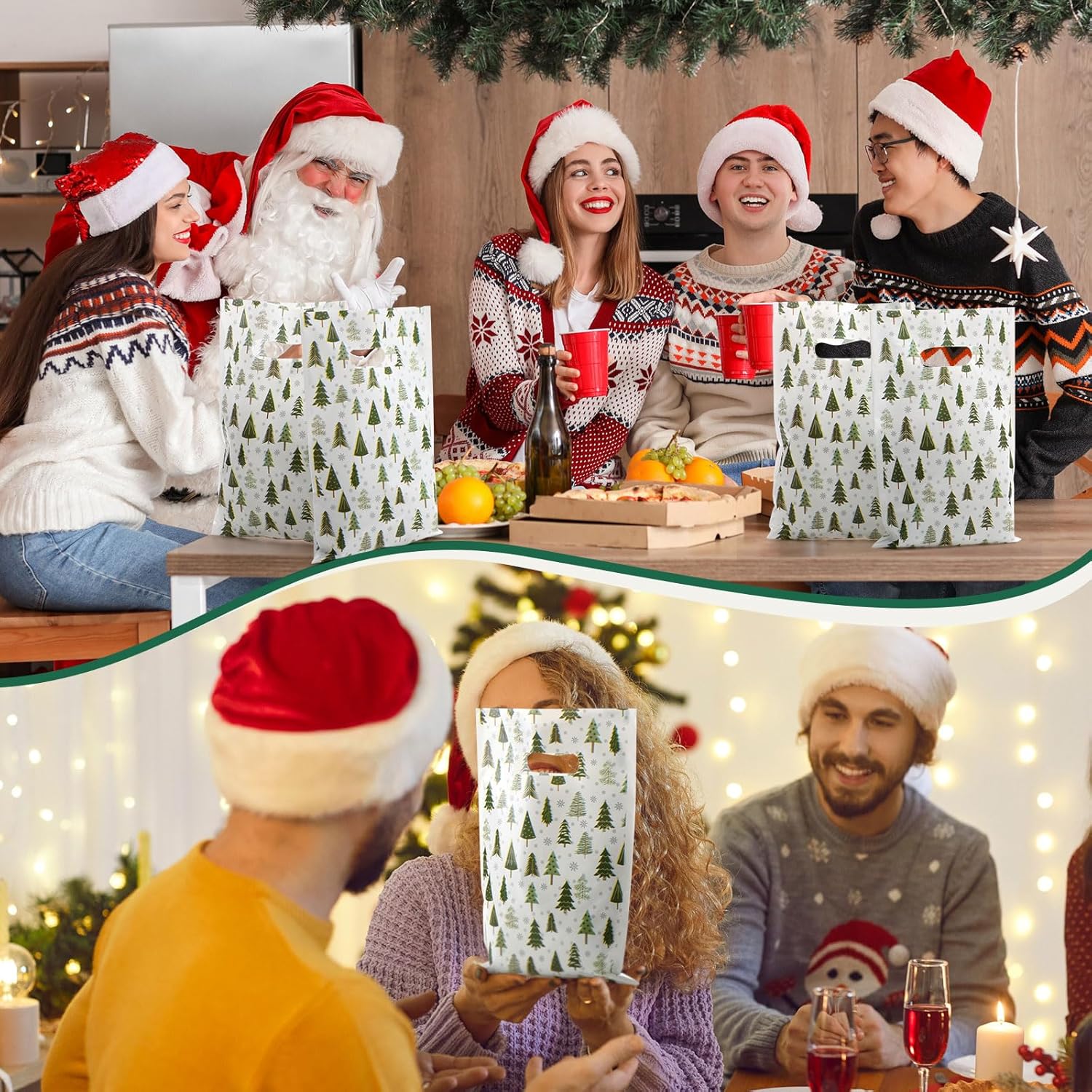 Christmas Tree Gift Bags with Handle Green Plastic Xmas Tote Bag Bulk for Party Packaging Goody Snack Holiday Wrapping Winter Wedding Birthday Decoration Favors Supplies - Image 5