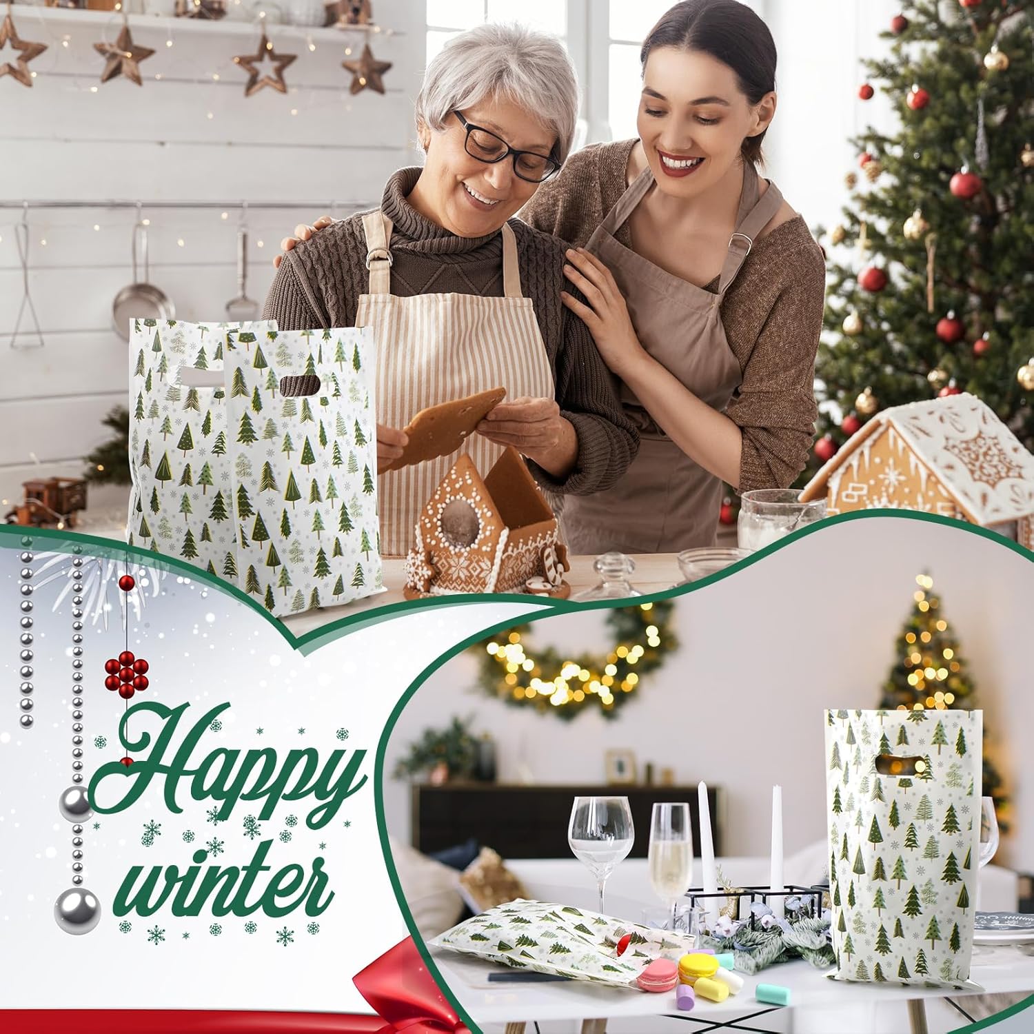 Christmas Tree Gift Bags with Handle Green Plastic Xmas Tote Bag Bulk for Party Packaging Goody Snack Holiday Wrapping Winter Wedding Birthday Decoration Favors Supplies - Image 7