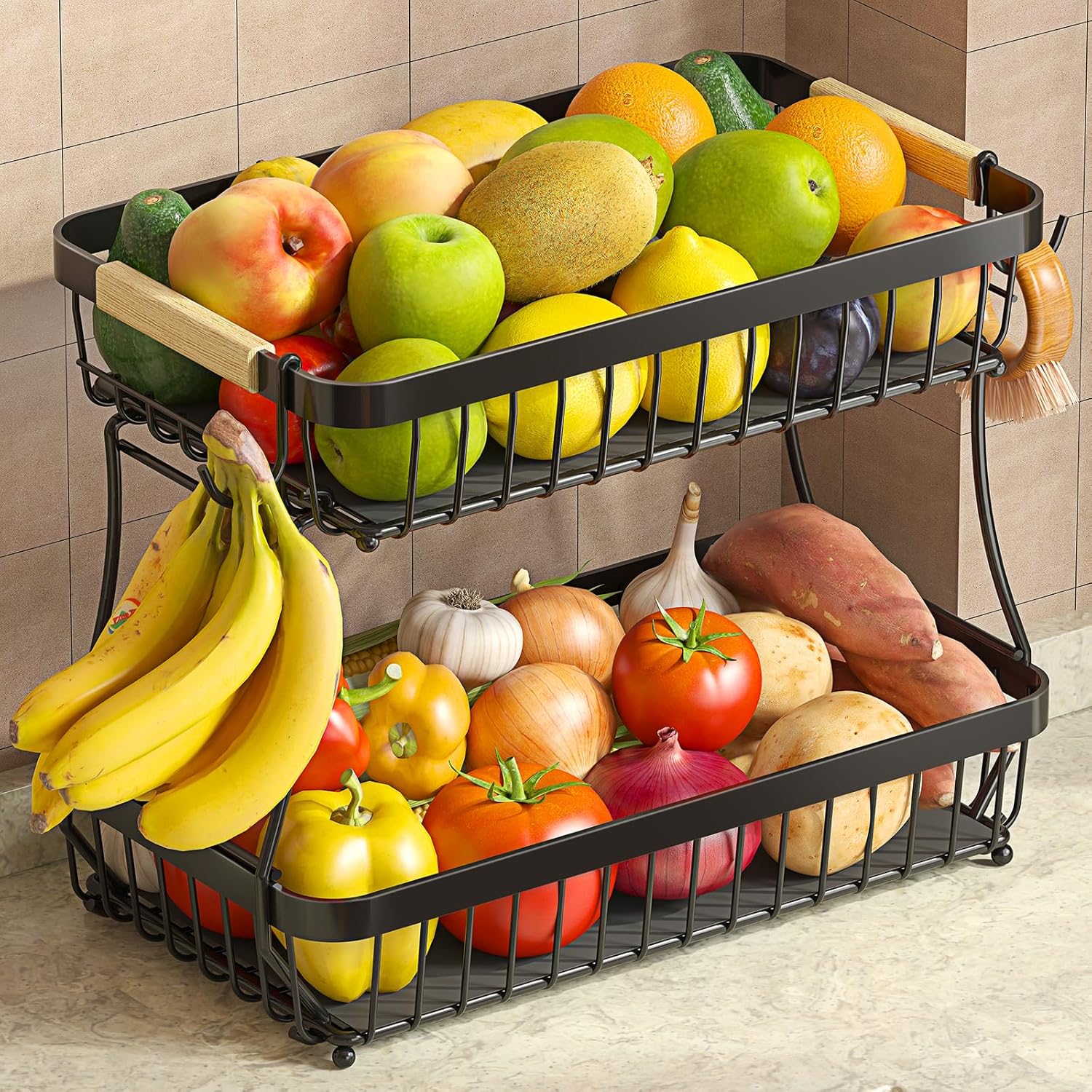 2 Tier Fruit Basket for Kitchen Counter with Detachable Metal Fruit Bowl and Banana Hangers - Image 2