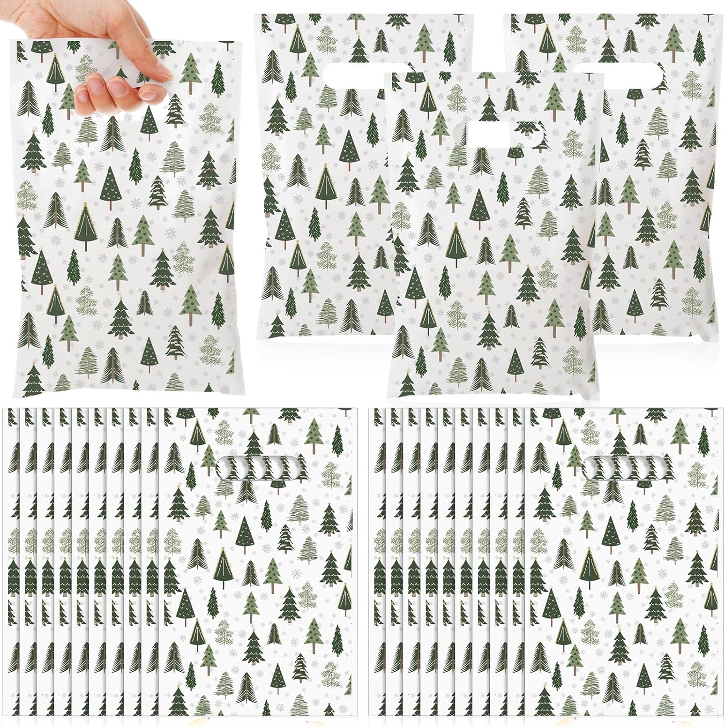 Christmas Tree Gift Bags with Handle Green Plastic Xmas Tote Bag Bulk for Party Packaging Goody Snack Holiday Wrapping Winter Wedding Birthday Decoration Favors Supplies - Image 2