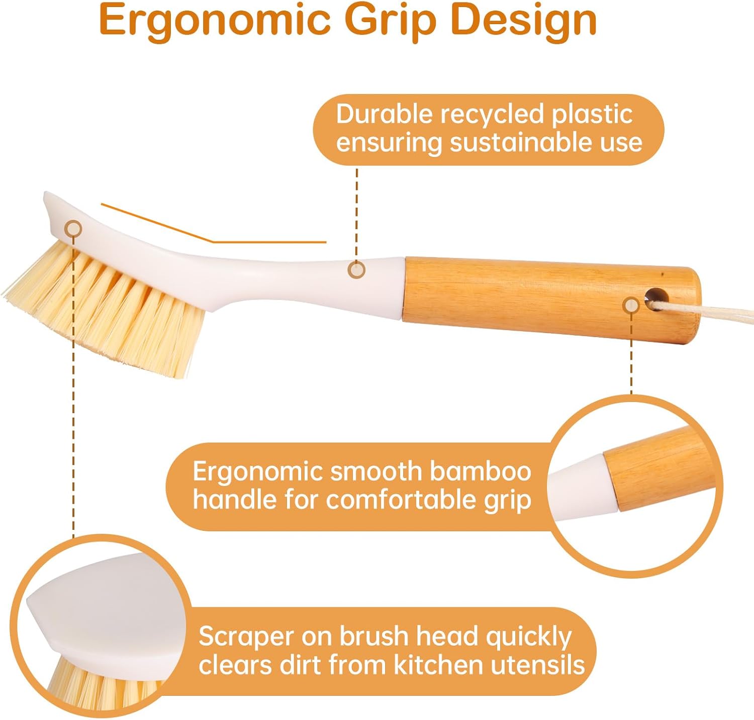 Bamboo Handle Dish Brush Set with Built-in Scraper for Kitchen Cleaning - Image 5
