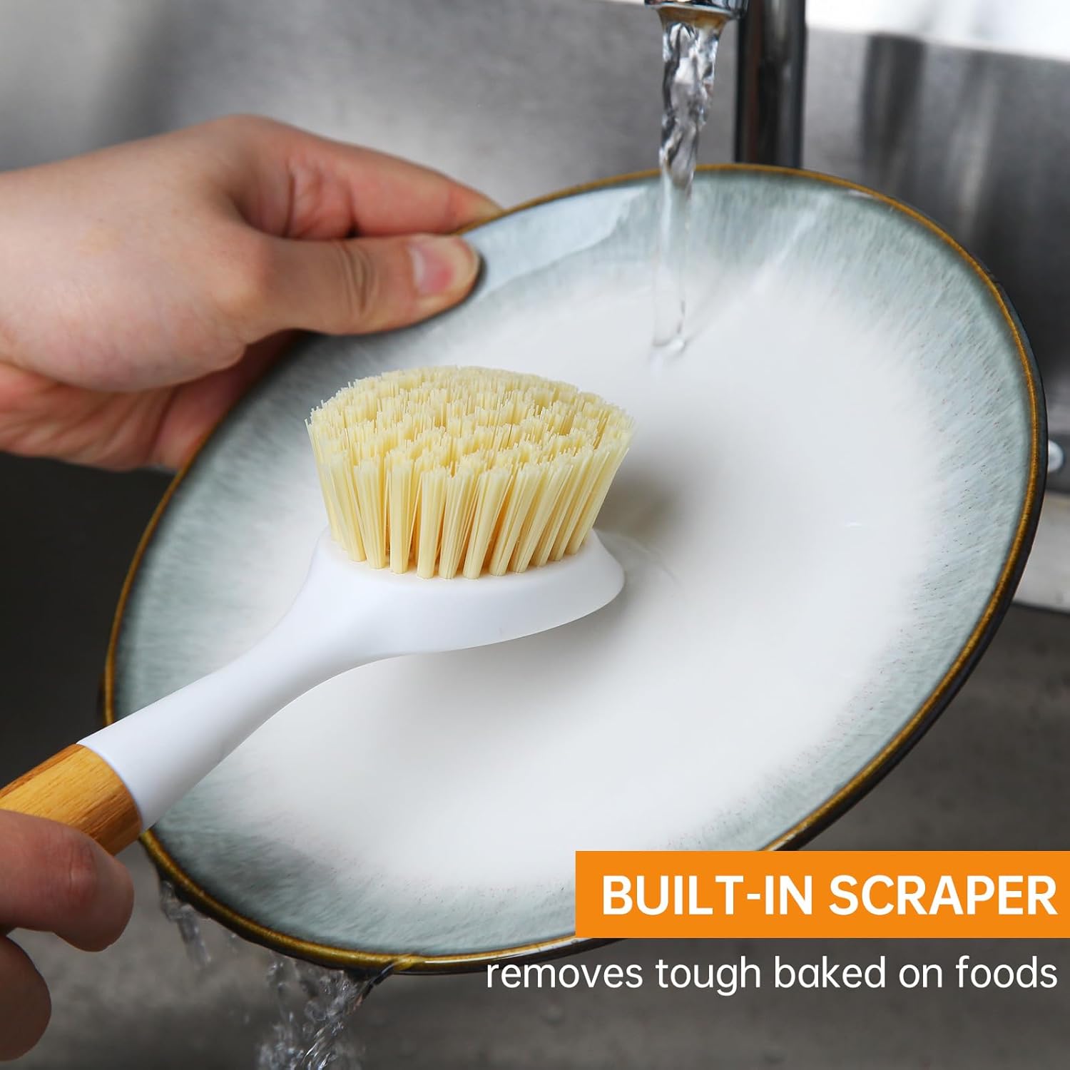 Bamboo Handle Dish Brush Set with Built-in Scraper for Kitchen Cleaning - Image 6