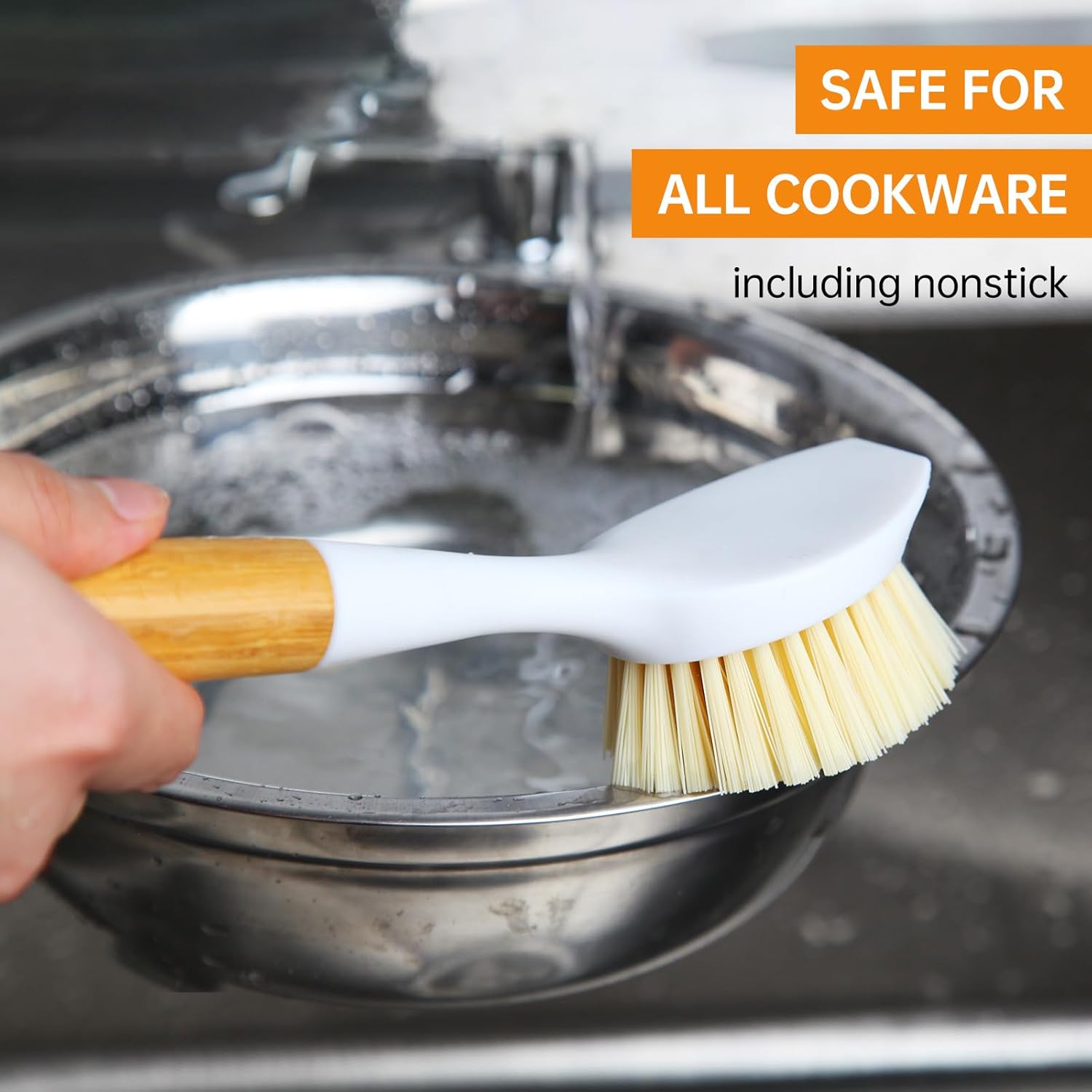 Bamboo Handle Dish Brush Set with Built-in Scraper for Kitchen Cleaning - Image 7