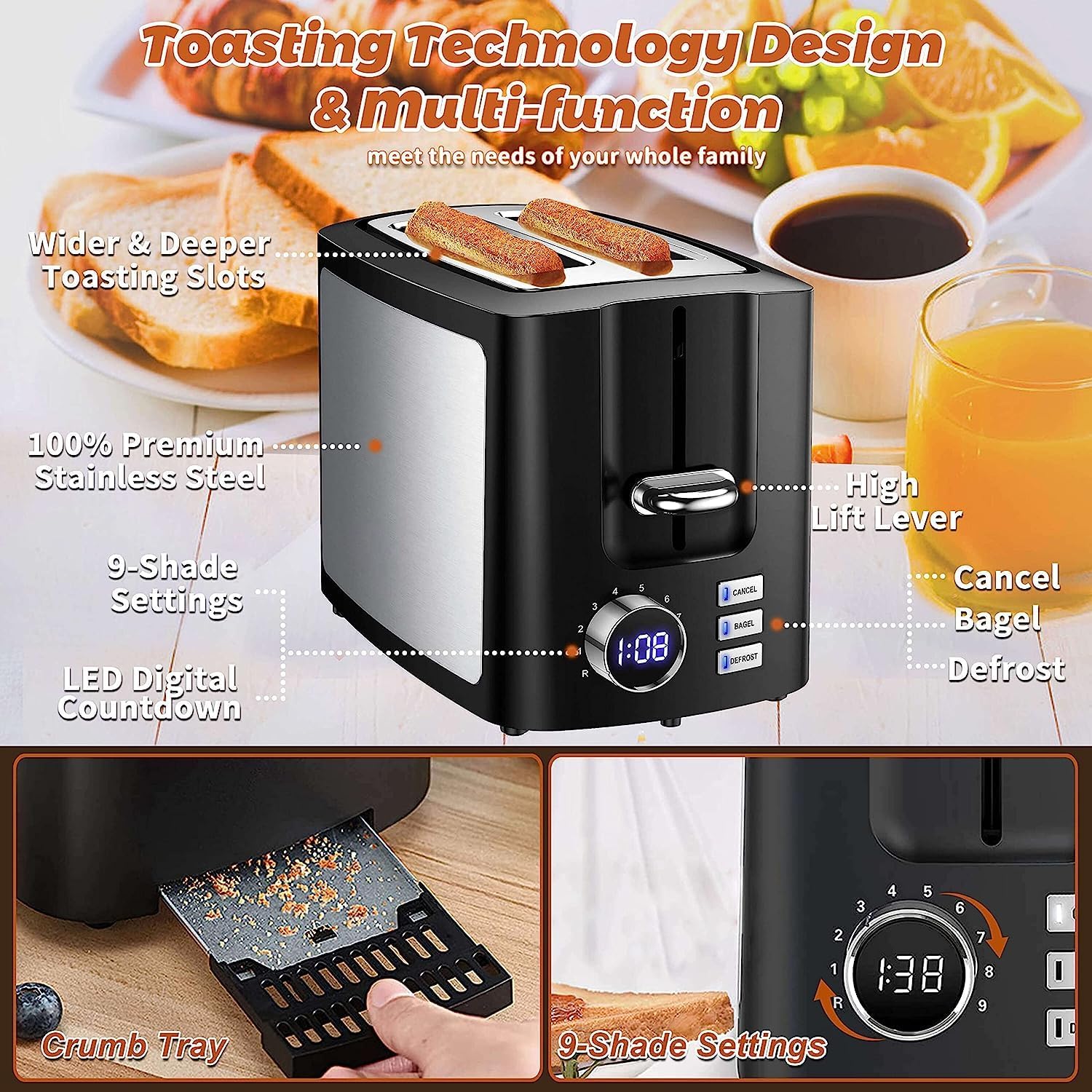 2 Slice Wide Slot Toaster with LCD Digital Countdown Timer - Image 7