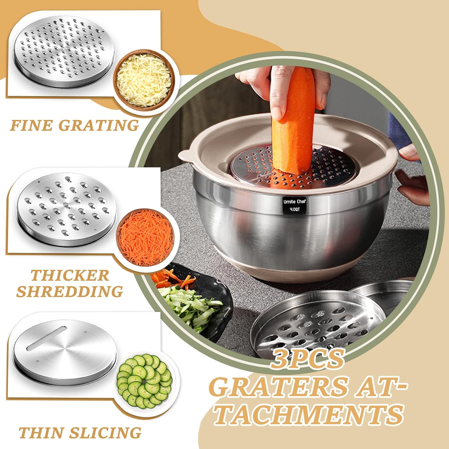 Stainless Steel Mixing Bowls Set with Airtight Lids and Grater Attachments - Image 4
