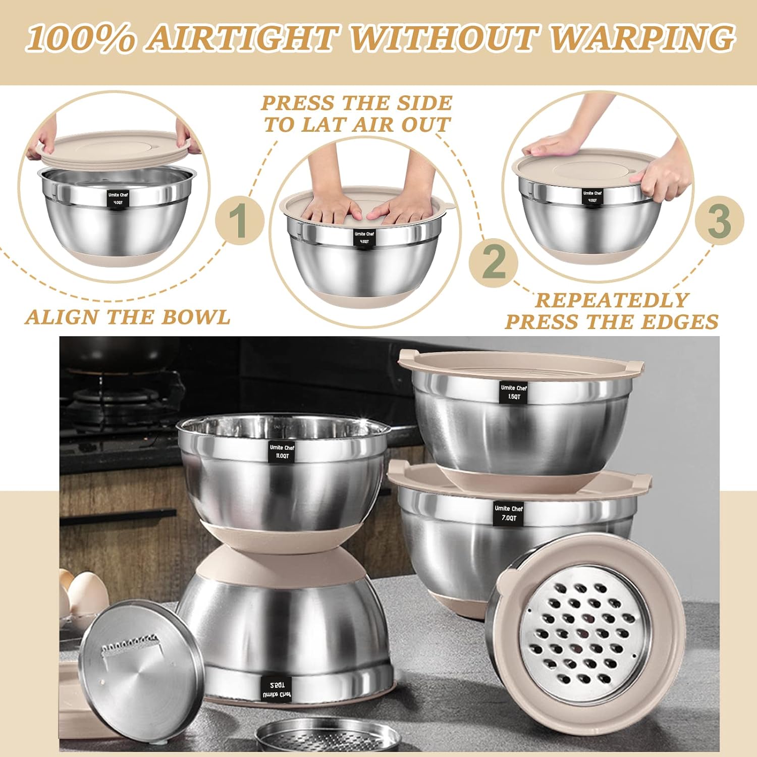 Stainless Steel Mixing Bowls Set with Airtight Lids and Grater Attachments - Image 8