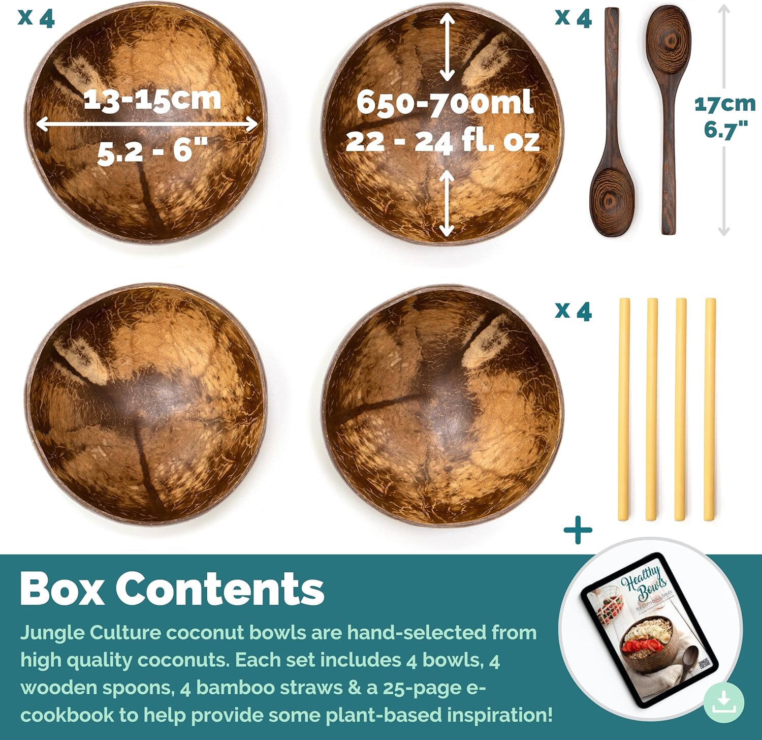 Polished Coconut Bowl and Wooden Spoons Set with Bamboo Straws - Image 3