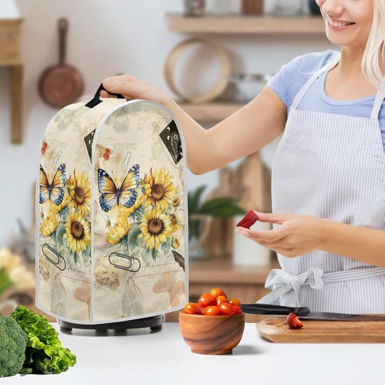 Blender Cover Kitchen Appliance Cover Anti Fingerprint Dust Protection Washable Coffee Machine Cover Food Processor Dust Cover Stand Mixer Cover with Top Handle, Butterfly Sunflower Retro - Image 3